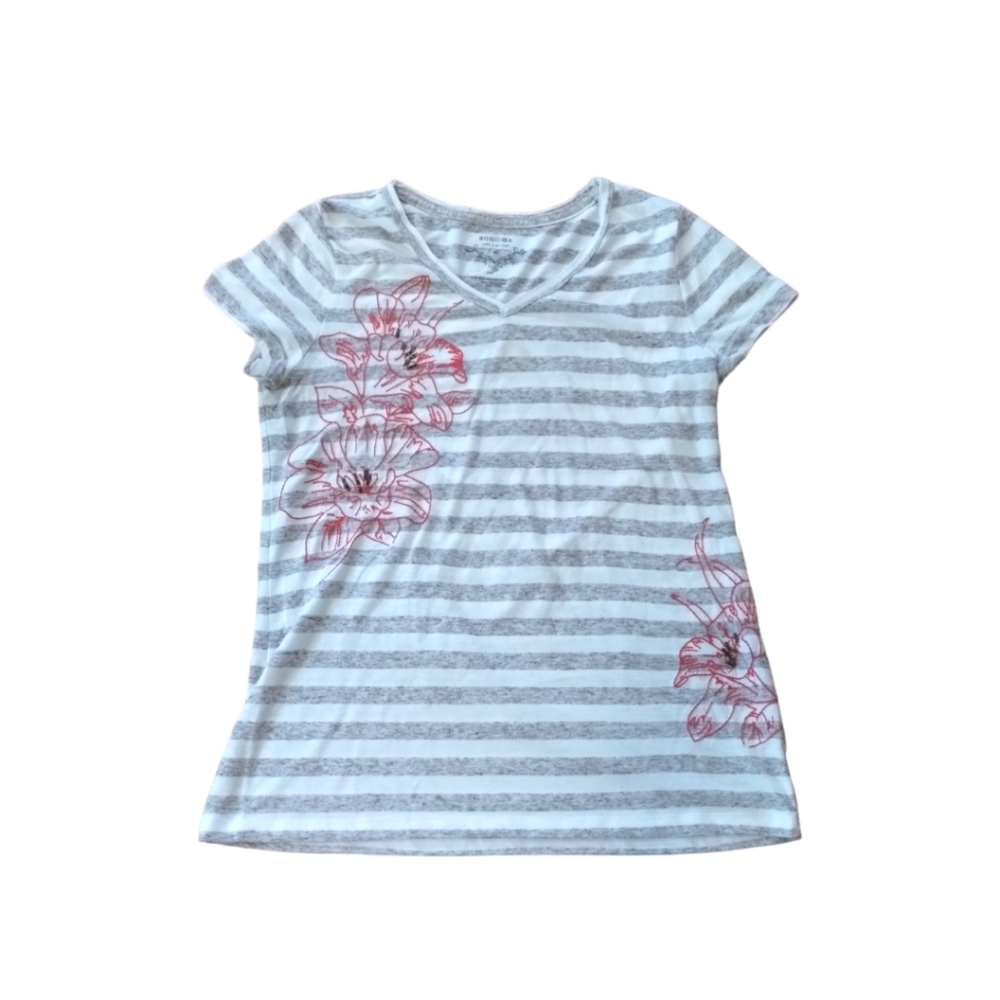Sonoma Striped Embroidered pullover short sleeve floral top women M fairycore